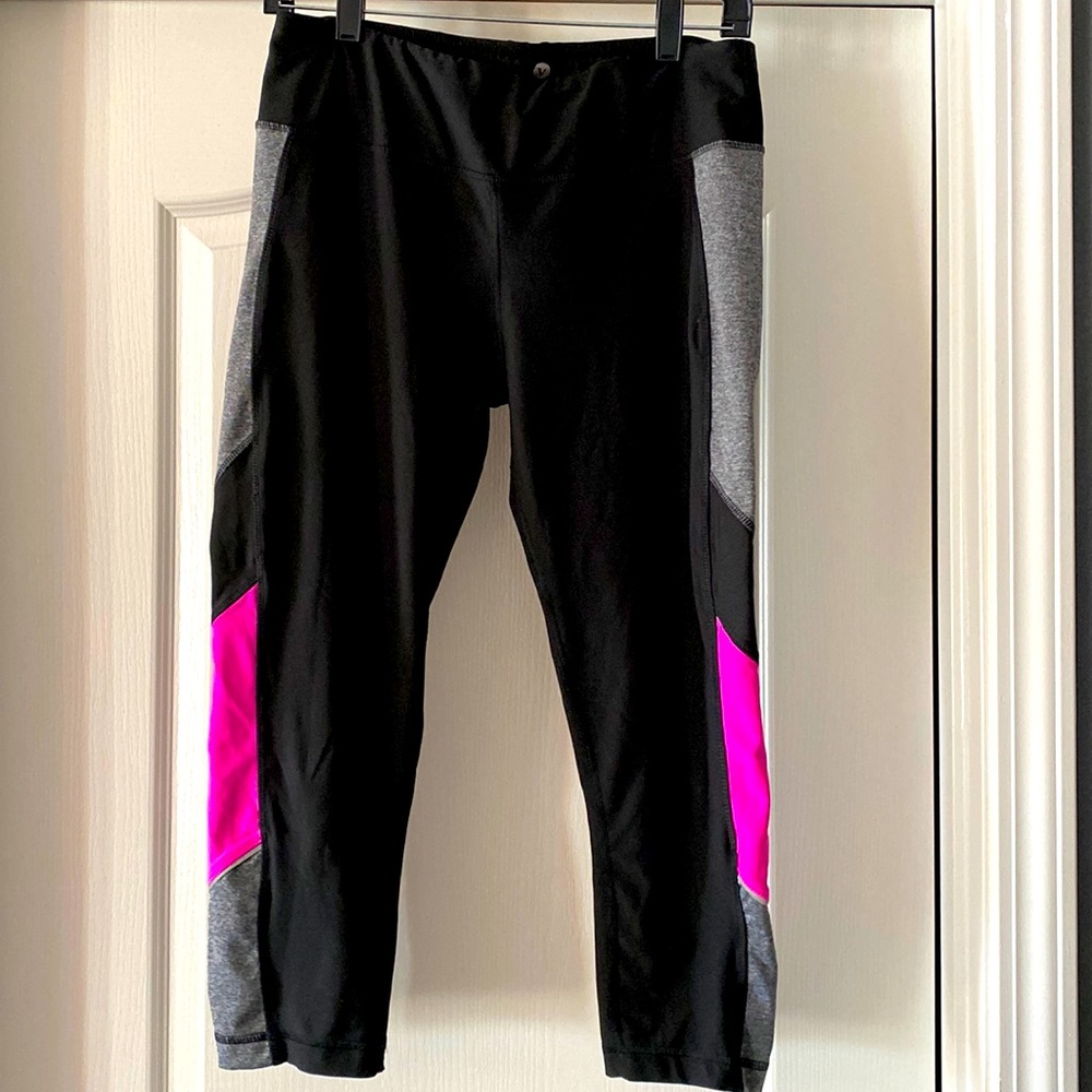 Black, heather gray, and pink cropped workout pants
